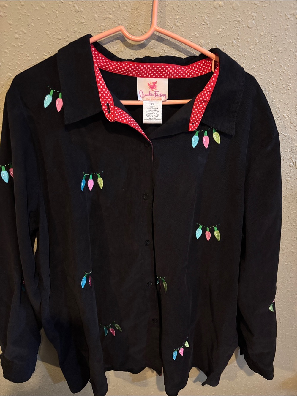 Quacker Factory Black Button-Up Shirt with Multicolor Light Embroidery